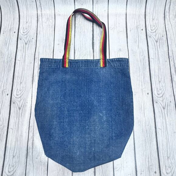Vintage DEMO Rare Jean Denim Tote Bag With Black Red Gold Handle Discontinued - Picture 2 of 4